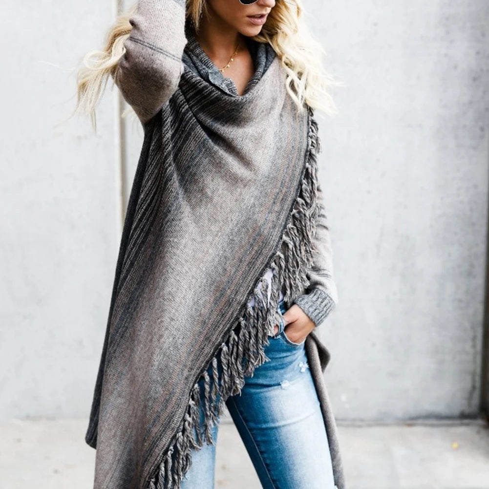 Long Striped Cardigan Coat For Women Poncho  Tassels Shawl Loose Sweater Knitted Cardigans  Casual Jacket Female Coat Autumn