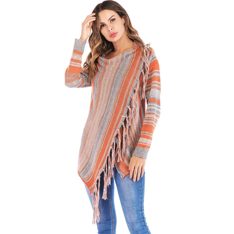 Long Striped Cardigan Coat For Women Poncho  Tassels Shawl Loose Sweater Knitted Cardigans  Casual Jacket Female Coat Autumn