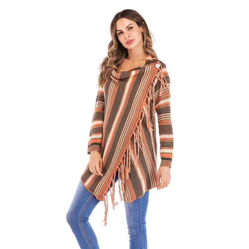 Long Striped Cardigan Coat For Women Poncho  Tassels Shawl Loose Sweater Knitted Cardigans  Casual Jacket Female Coat Autumn