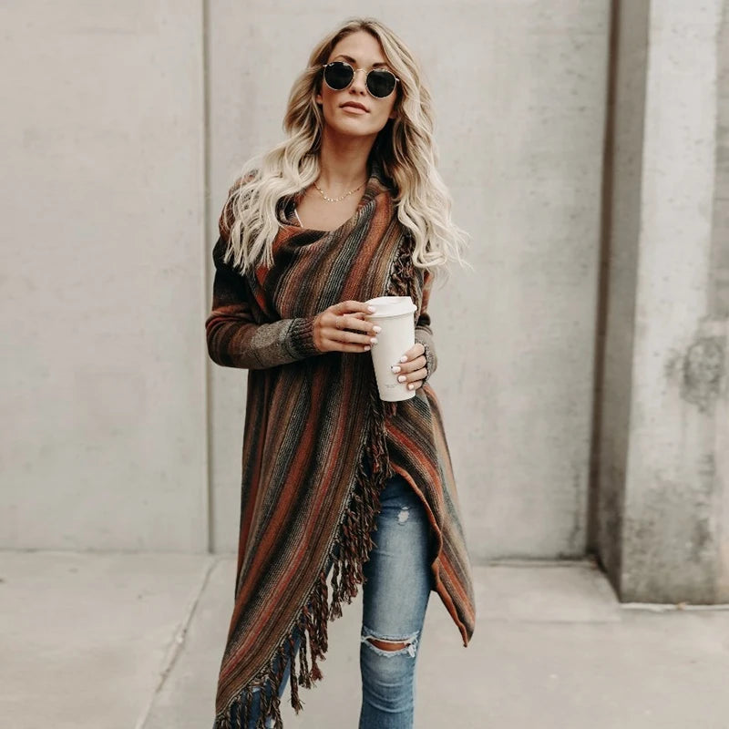 Long Striped Cardigan Coat For Women Poncho  Tassels Shawl Loose Sweater Knitted Cardigans  Casual Jacket Female Coat Autumn