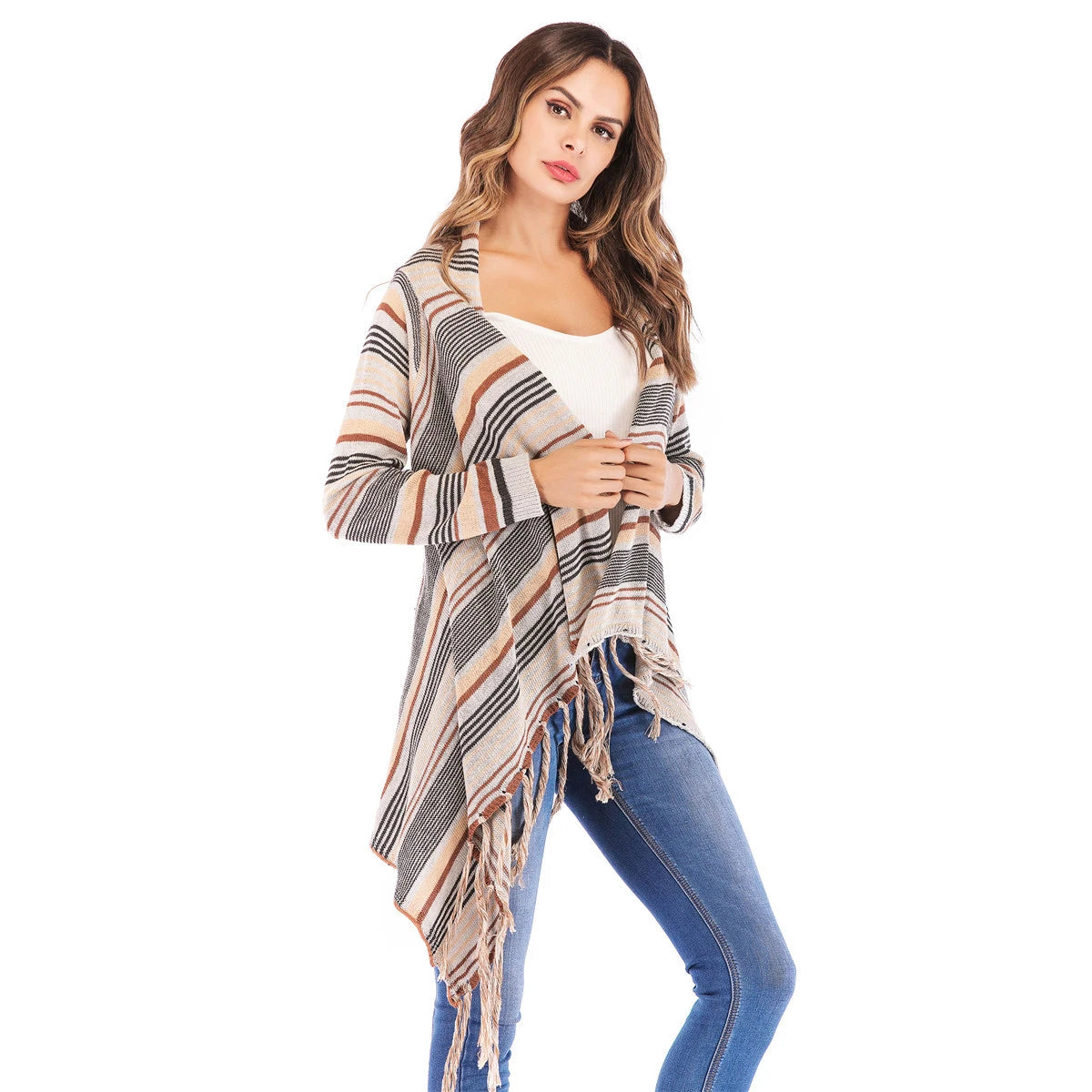 Long Striped Cardigan Coat For Women Poncho  Tassels Shawl Loose Sweater Knitted Cardigans  Casual Jacket Female Coat Autumn