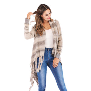Long Striped Cardigan Coat For Women Poncho  Tassels Shawl Loose Sweater Knitted Cardigans  Casual Jacket Female Coat Autumn