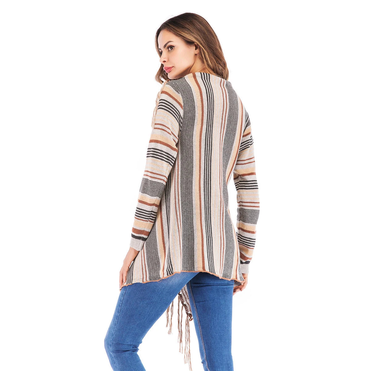 Long Striped Cardigan Coat For Women Poncho  Tassels Shawl Loose Sweater Knitted Cardigans  Casual Jacket Female Coat Autumn