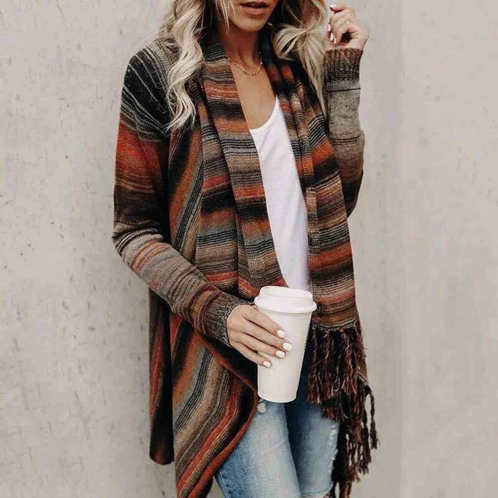 Long Striped Cardigan Coat For Women Poncho  Tassels Shawl Loose Sweater Knitted Cardigans  Casual Jacket Female Coat Autumn