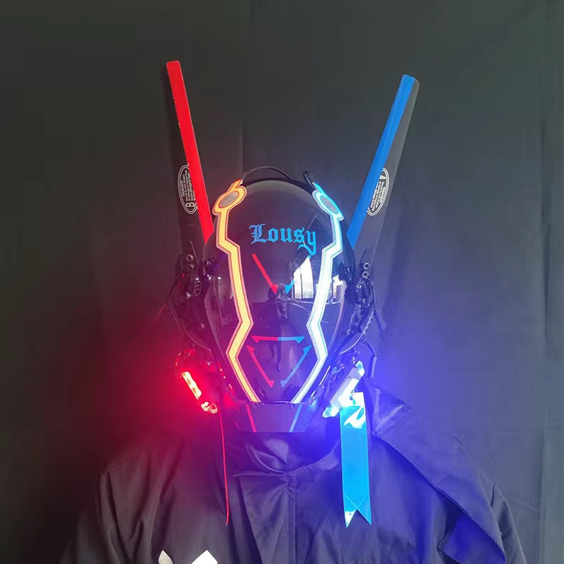 Punk mask round lights wing braids triangle lights music festival LED glow tech sense boy helmet Halloween