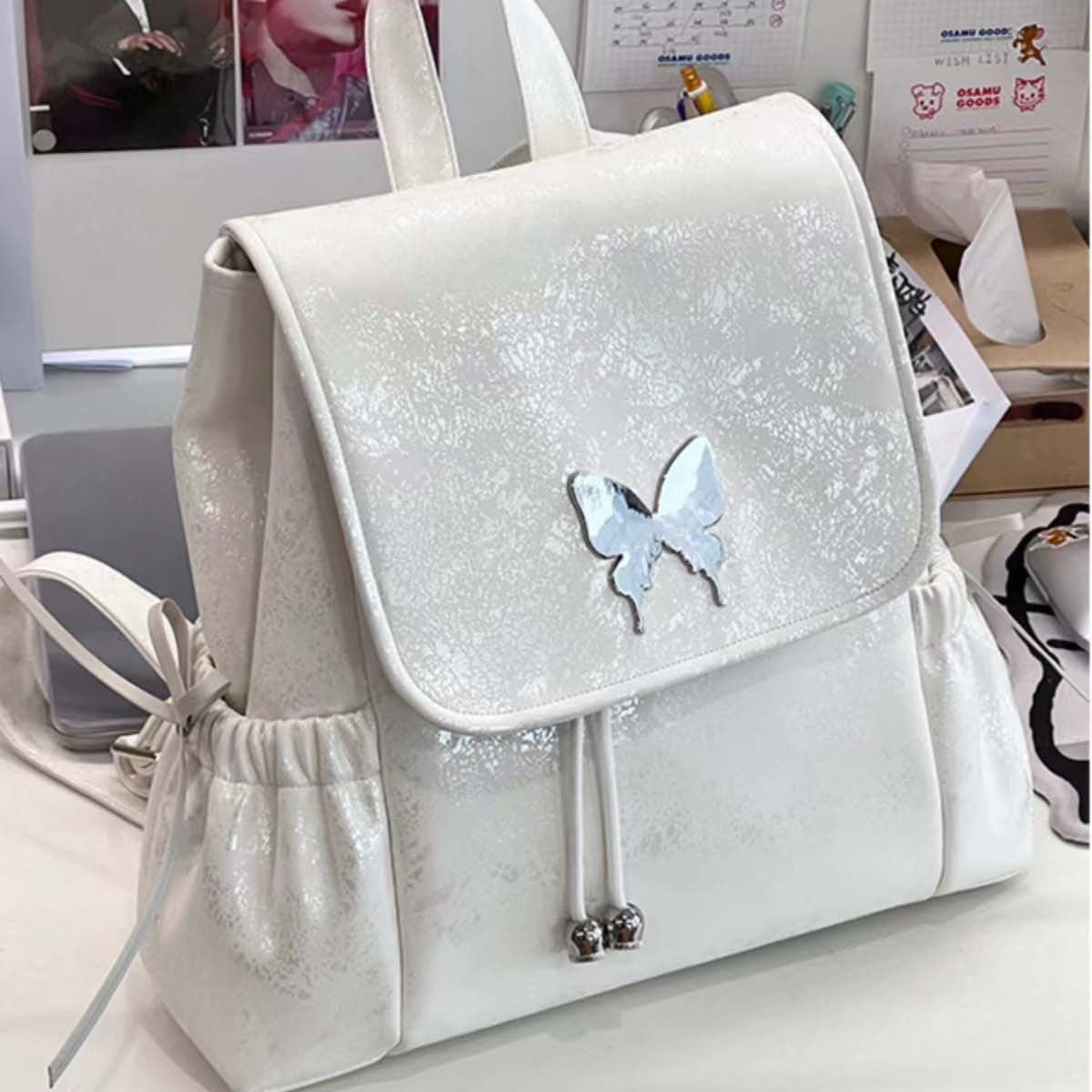 stylish White Butterfly Backpack, Female Student Backpack, Versatile Handheld Shoulder Travel Bag