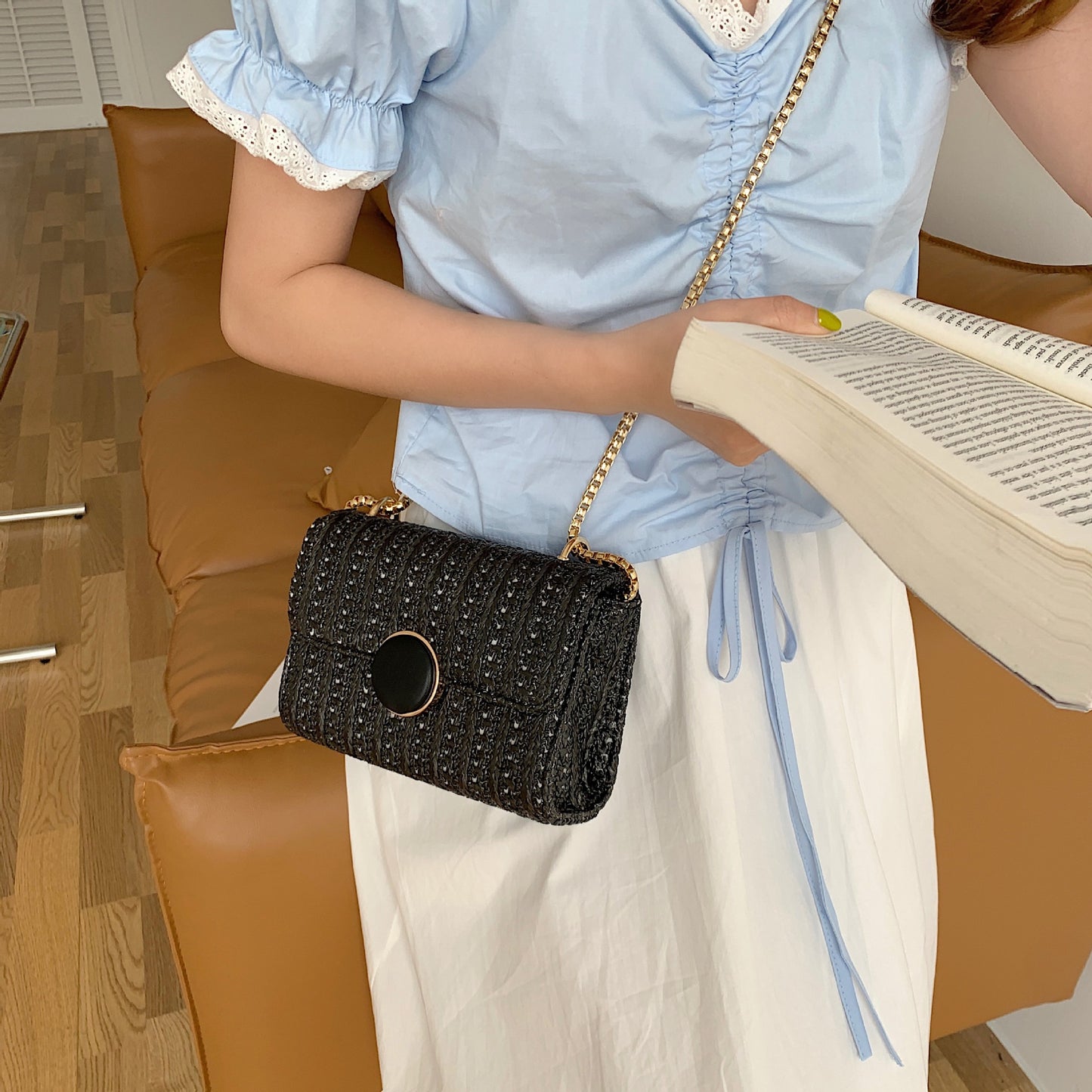 Woven small square bag women, stylish fashion shoulder crossbody bag, versatile chain straw bag