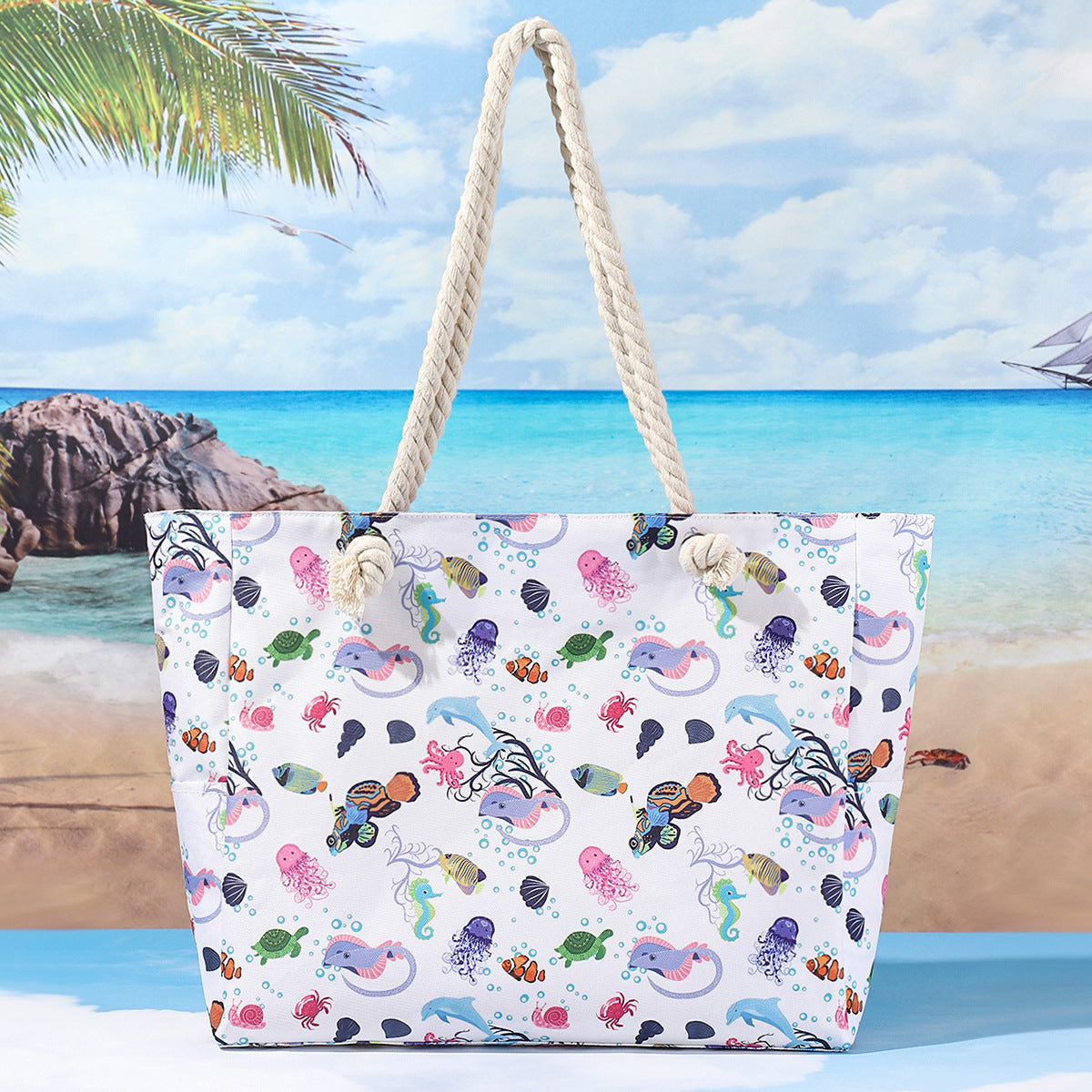 Printed beach bag, large capacity casual shoulder tote bag, simple fashion summer travel tote bag lightweight