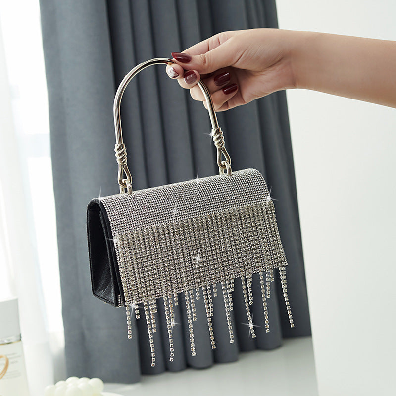 GlitteringTassel Rhinestone Small Square Bag Evening Dinner Bag Party Bag Metal Tote Bag Cosmetic Bag