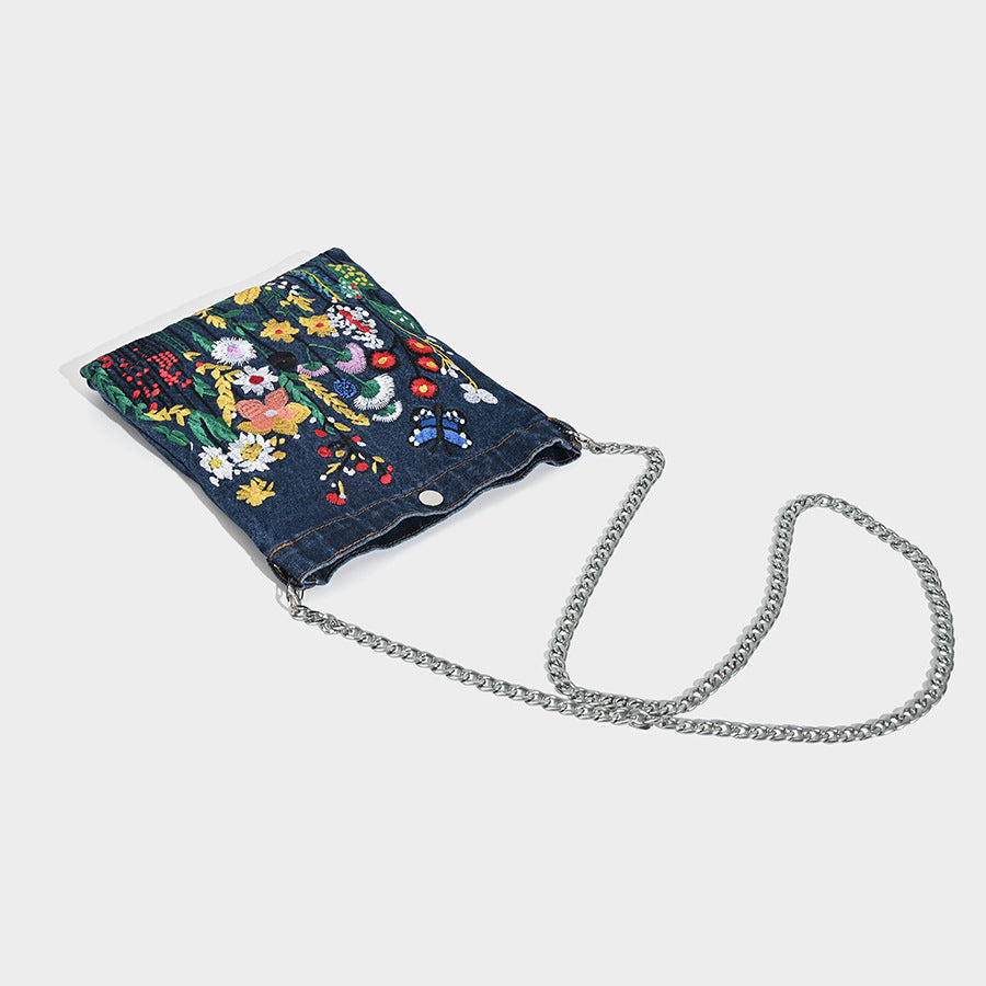 Mini embroidered denim bag, Street stylish student flower three-dimensional shoulder bag, design underarm bag