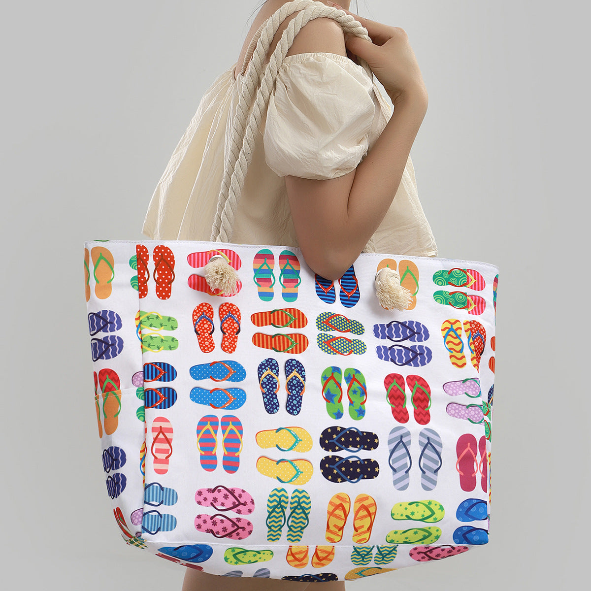 Printed beach bag, large capacity casual shoulder tote bag, simple fashion summer travel tote bag lightweight