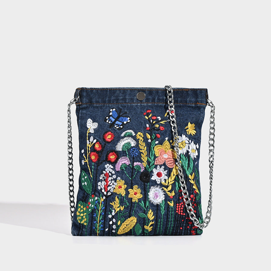 Mini embroidered denim bag, Street stylish student flower three-dimensional shoulder bag, design underarm bag