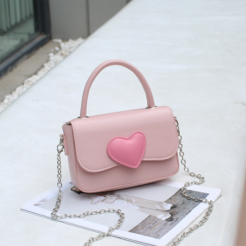 Cute contrasting peach heart tote bag, pink love handbag, simple and versatile small square bag, fashionable shoulder crossbody bag