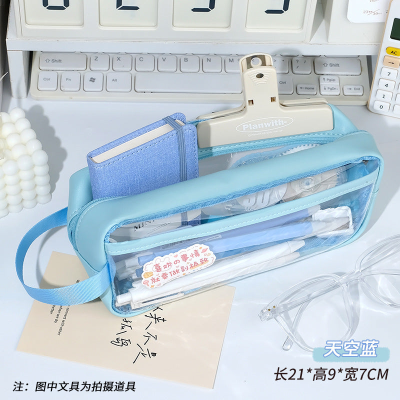 Transparent pencil case, portable tote storage bag, waterproof large-capacity stationery storage box.