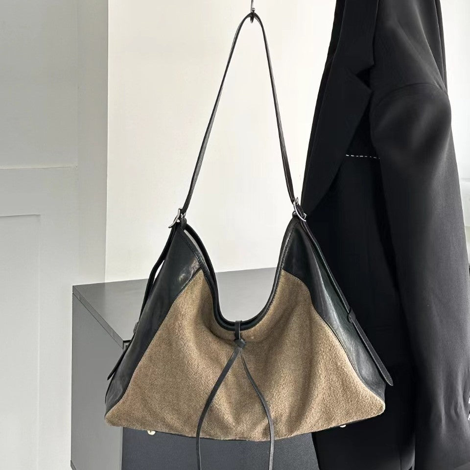 Linen Splicing Vegetable Tanned Cowhide Bag, Large Capacity Casual Bucket Bag, Underarm Shoulder Tote Bag, Hobo Bag for Women