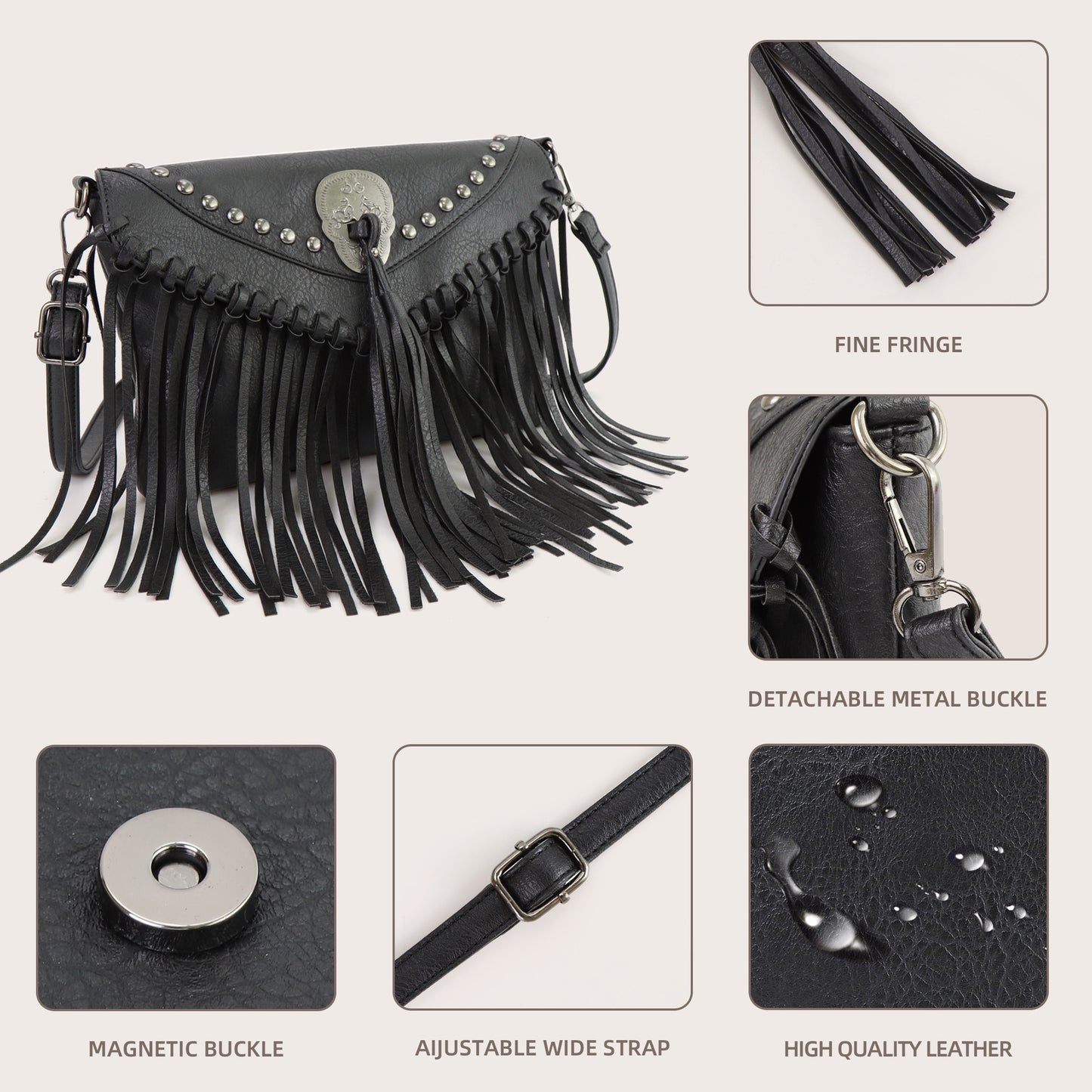 stylish envelope bag, skull fringed bag, women's rivet shoulder crossbody bag