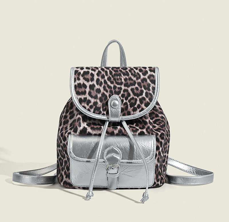 Retro contrasting leopard print backpack, women's autumn and winter design commuter versatile backpack