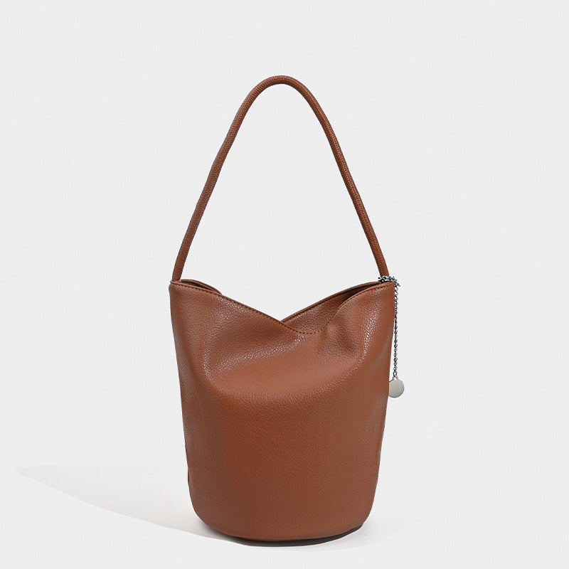 Retro soft leather bucket bag, women's shoulder underarm bag, commuter tote bag