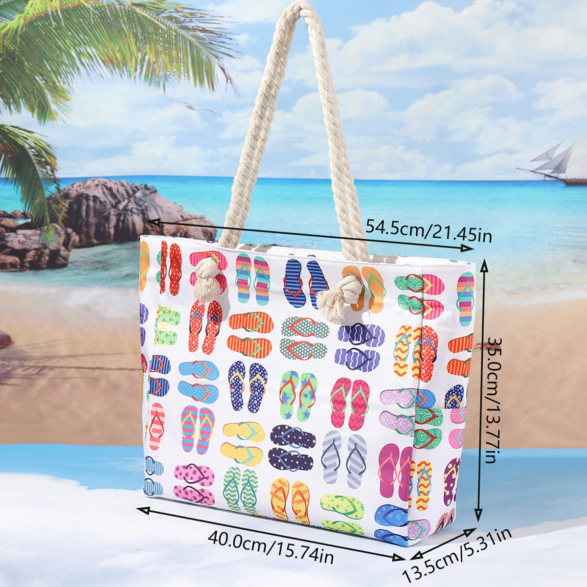 Printed beach bag, large capacity casual shoulder tote bag, simple fashion summer travel tote bag lightweight