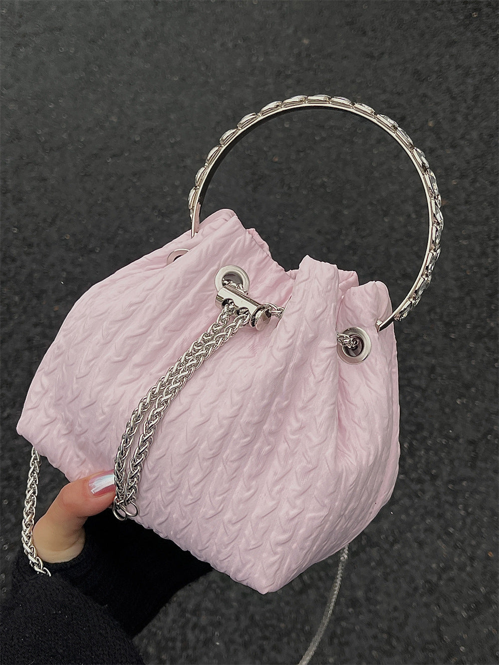 Rhinestone chain handbag women, fashion drawstring bucket bag, clutch purse party,Prom bag,Party purse,Prom bags clutches,