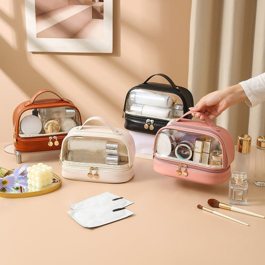 Transparent double layers cosmetic bag, travel large-capacity portable storage bag, PVC waterproof handbag cosmetic toilet bag, transparent makeup purse,Makeup bag with compartments,