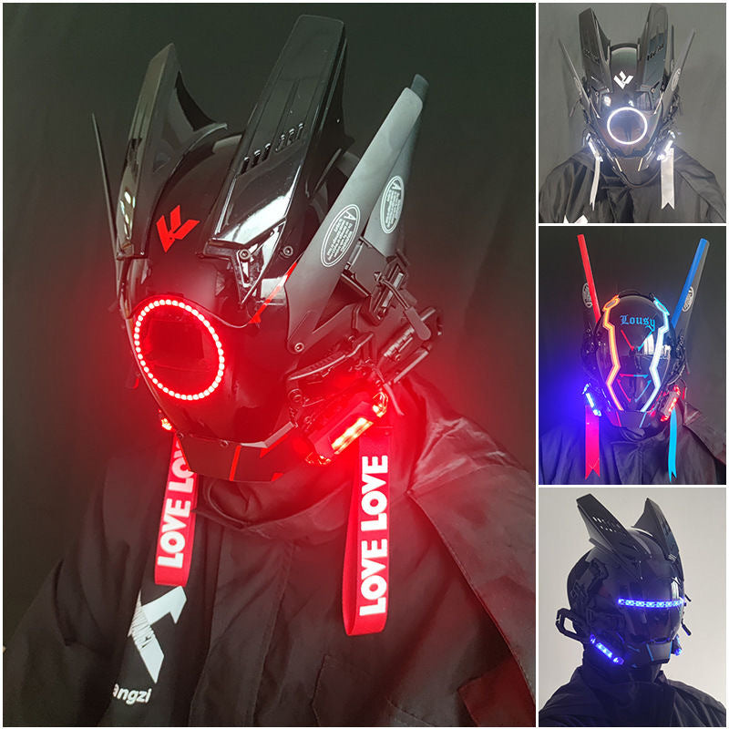 Punk mask round lights wing braids triangle lights music festival LED glow tech sense boy helmet Halloween