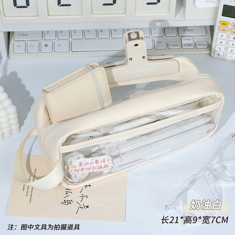 Transparent pencil case, portable tote storage bag, waterproof large-capacity stationery storage box.