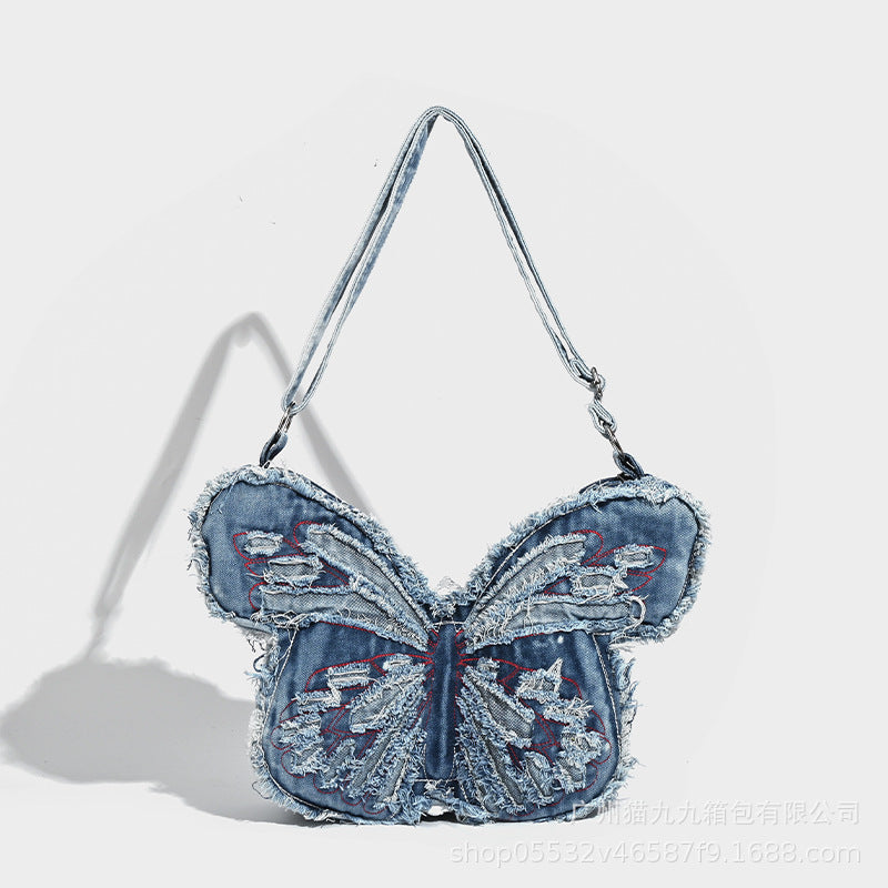 Design washed denim bag, butterfly shaped bag, punk denim bag, shoulder bag, backpack purse for women