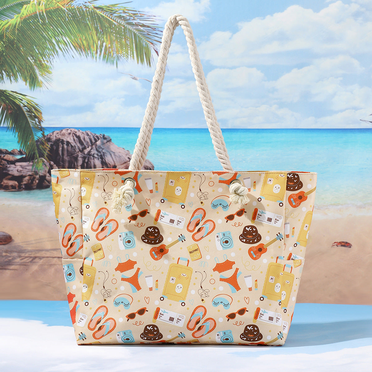 Printed beach bag, large capacity casual shoulder tote bag, simple fashion summer travel tote bag lightweight