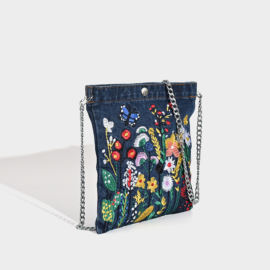 Mini embroidered denim bag, Street stylish student flower three-dimensional shoulder bag, design underarm bag