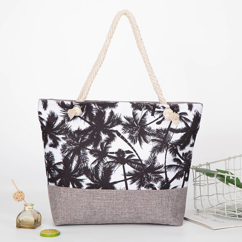 2025 large capacity hemp rope linen ink printing shopping bag beach bag red-crowned crane shoulder seaside handbag women