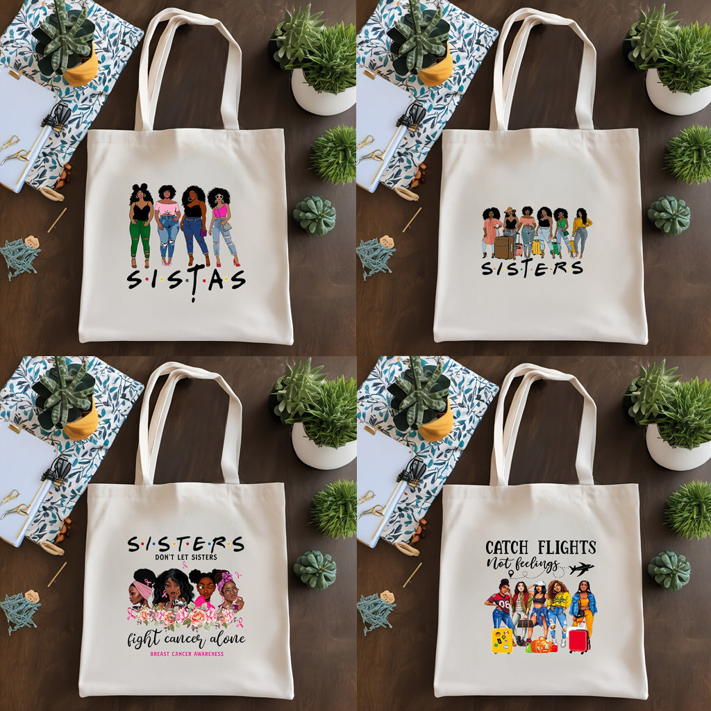 Canvas printed shoulder bag, fashionable and lightweight shopping bag, large-capacity cotton bag 2pcs.