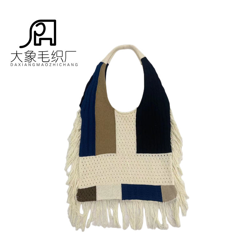 Tassel bag women, splicing knitted shoulder bag, simple and versatile retro knitted bag