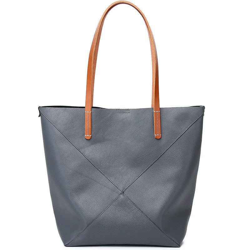 Elegant Genuine Leather Shoulder Bag - Stylish Folding Geometric Bucket Bag & Large Capacity Tote for Women