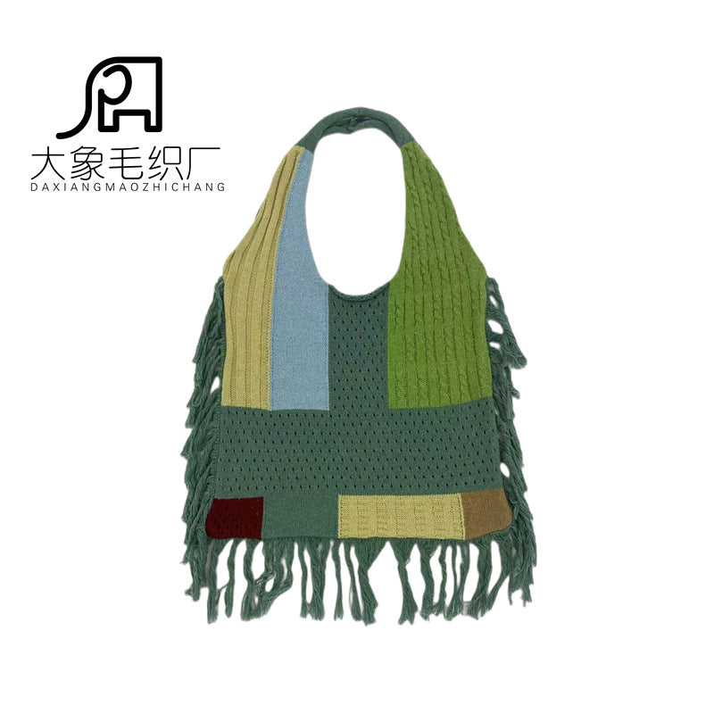 Tassel bag women, splicing knitted shoulder bag, simple and versatile retro knitted bag