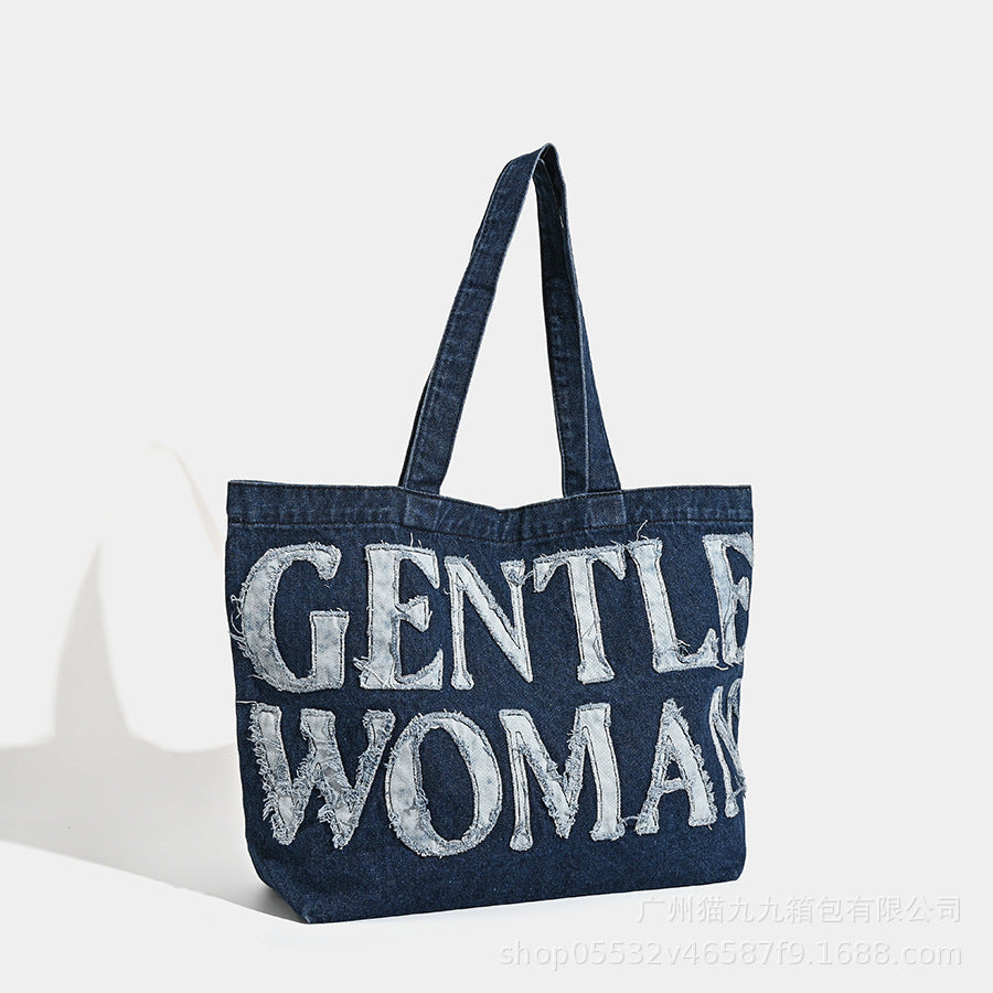 Large capacity shoulder canvas bag, retro denim tote bag big, handheld letter sticker cloth bag, tote bag large