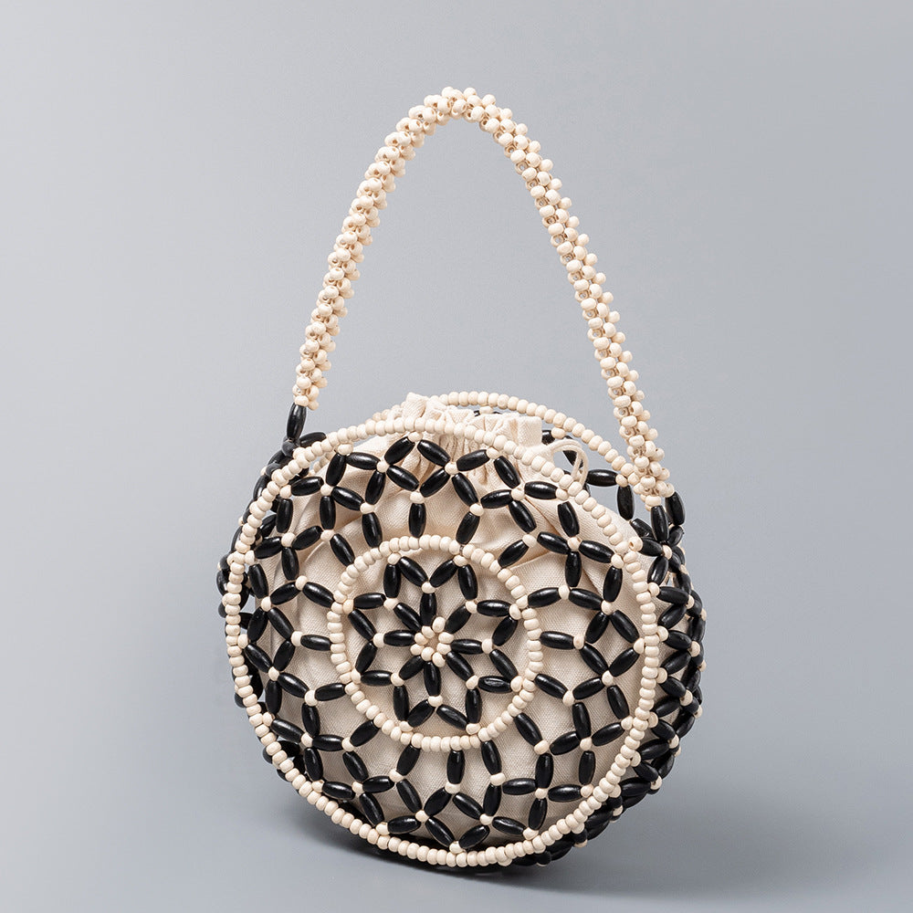 Small round wooden bead bag, hand-woven bag, women's seaside vacation beach bag, beaded small handbag