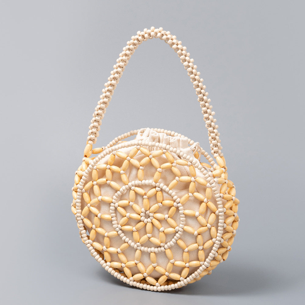 Small round wooden bead bag, hand-woven bag, women's seaside vacation beach bag, beaded small handbag