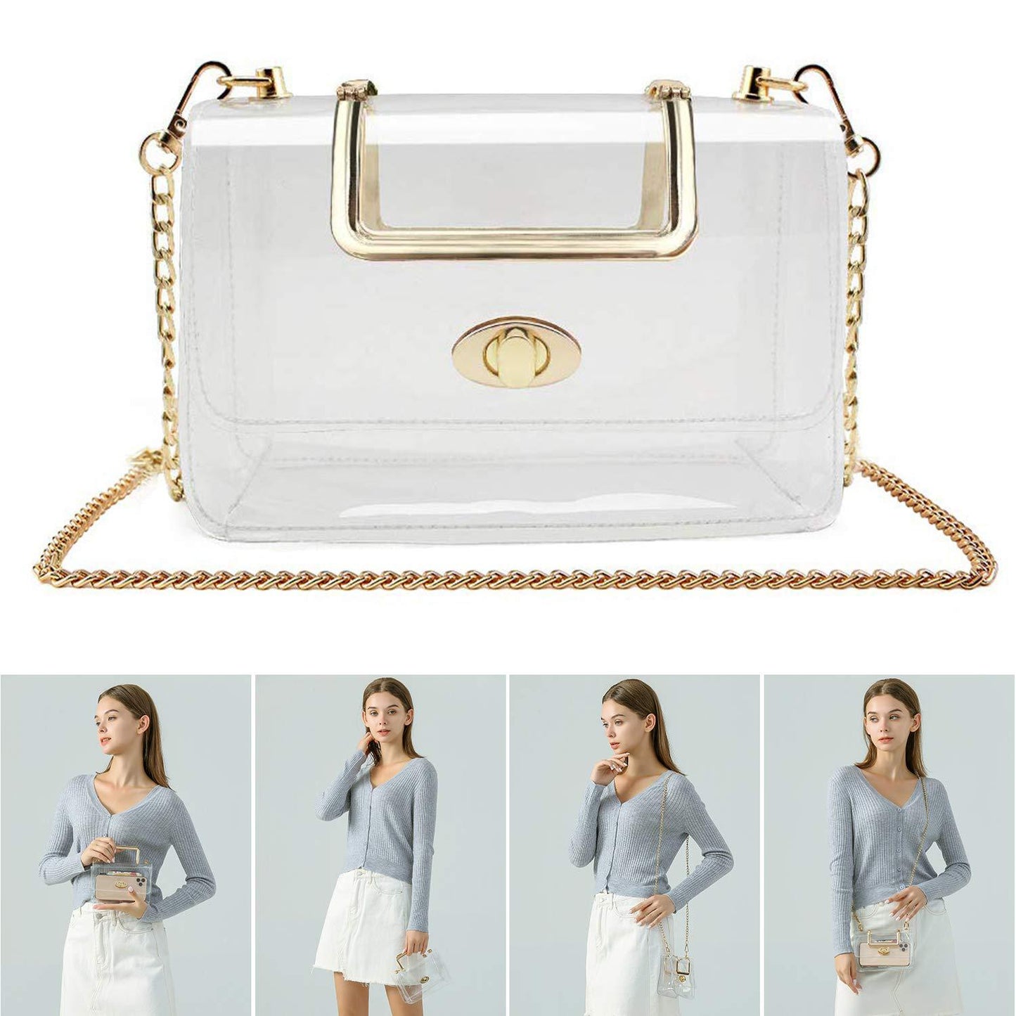 Women's Transparent Clutch Bag – Stylish Clear Crossbody Shoulder Bag with Removable Gold Chain Strap