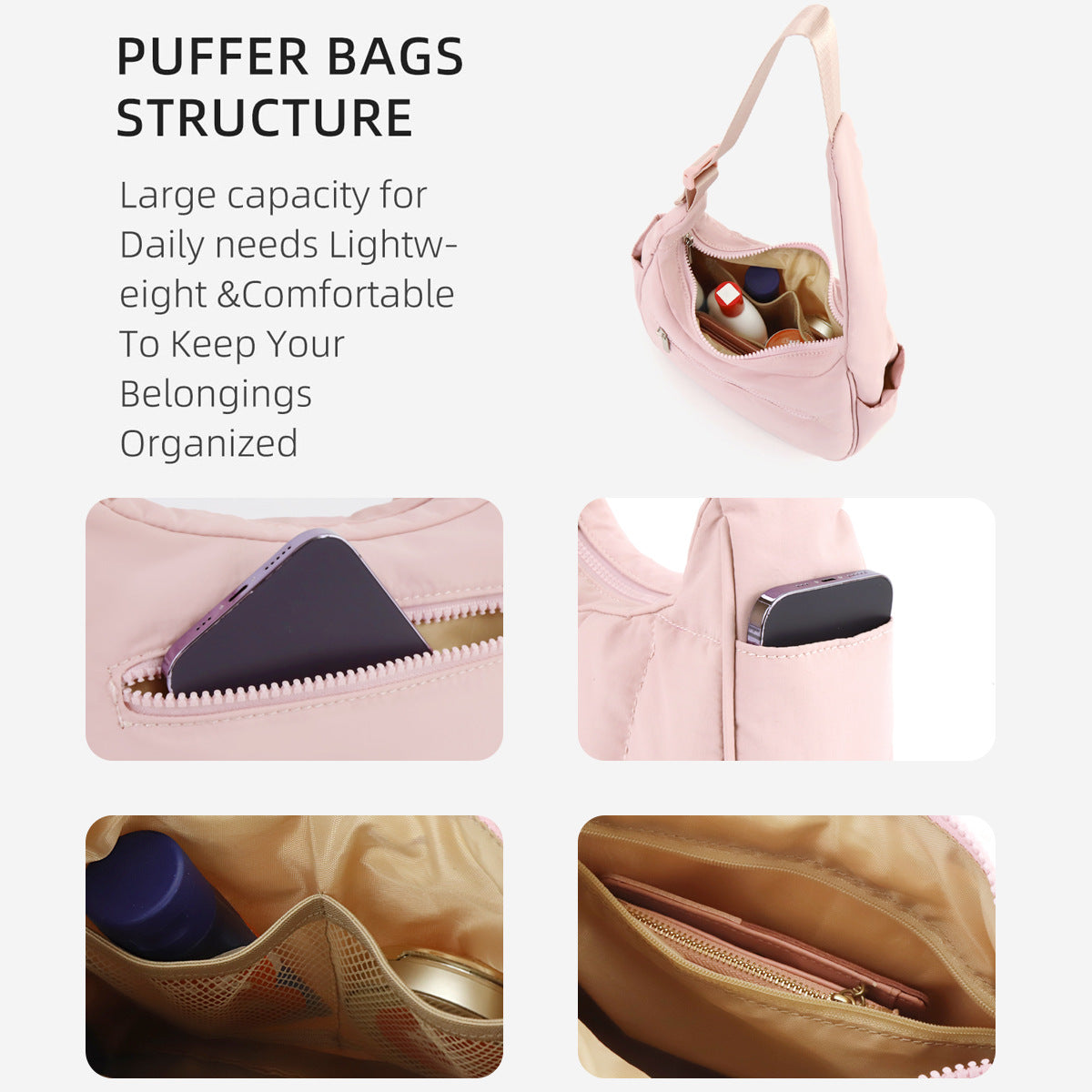 Nylon bag large capacity women's armpit bag, down bag versatile shoulder bag, solid color silk cotton handbag, puffer bag