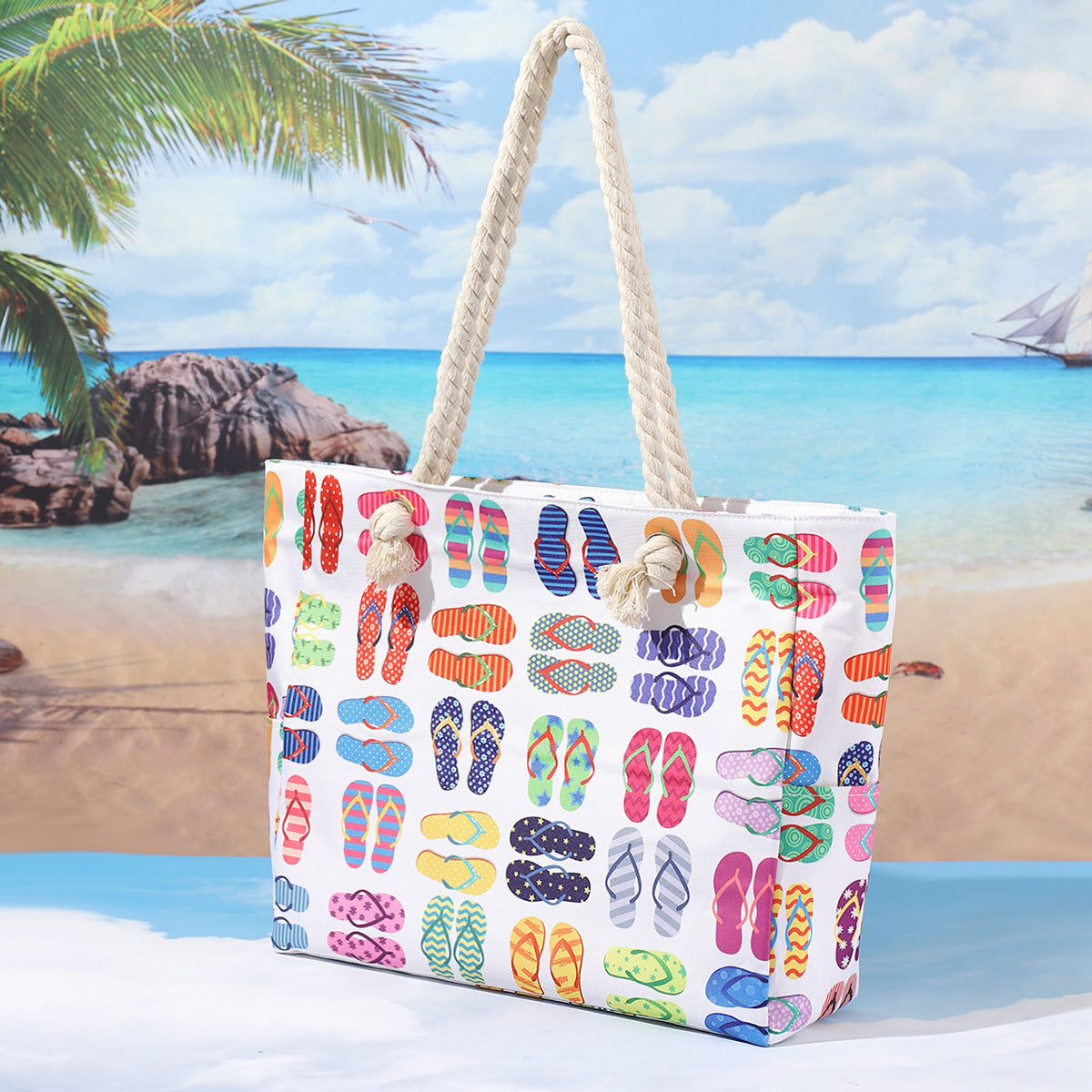 Printed beach bag, large capacity casual shoulder tote bag, simple fashion summer travel tote bag lightweight