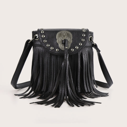 Stylish Soft Pu Rivets Small Crossbody Tassel Bag, Skull Shoulder Crossbody Bag