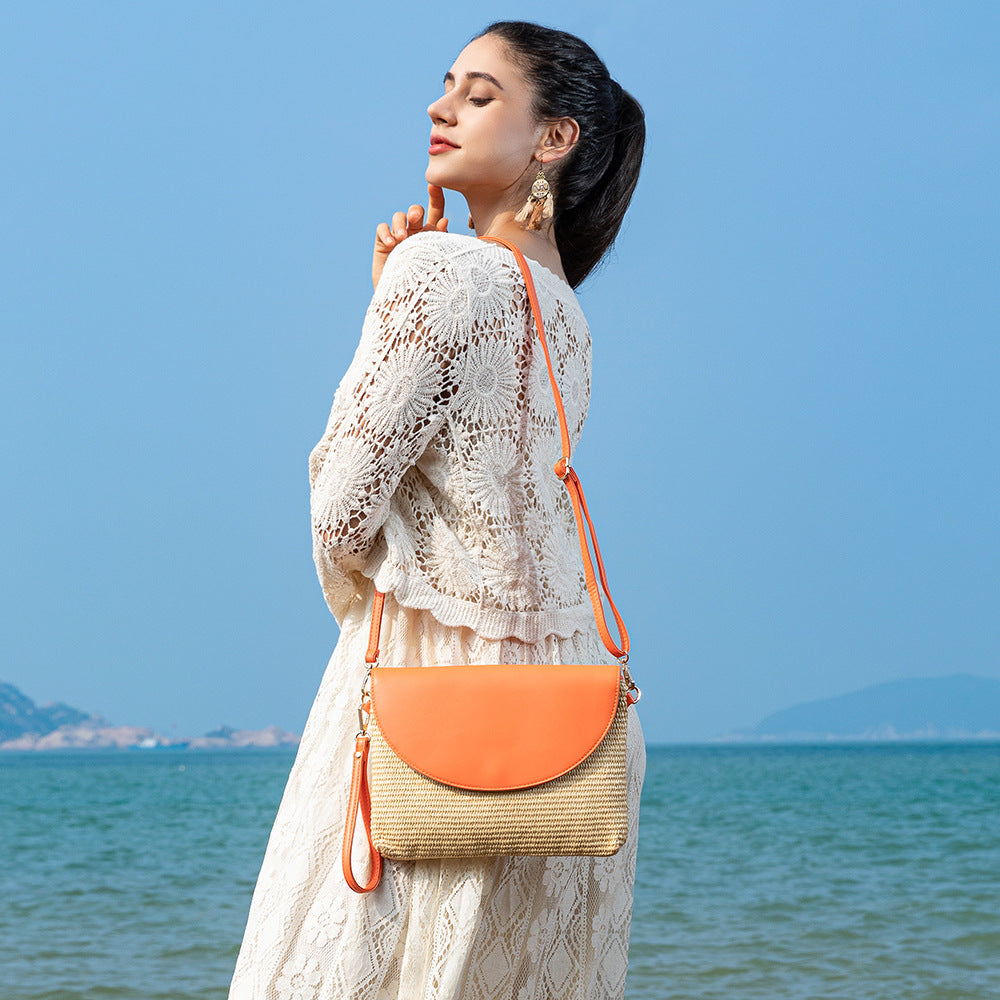 Holiday straw bag, small solid color shoulder bag, small crossbody beach bag, seaside beach bag clutch woven bag women