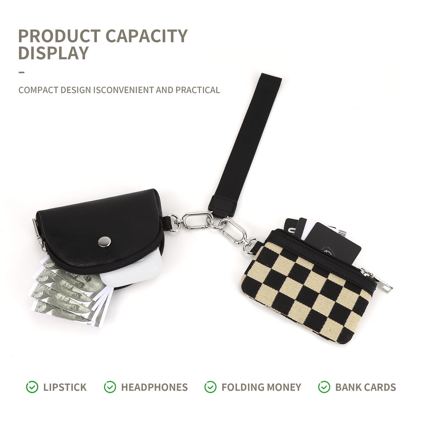 Multifunctional Fashion Checkerboard Women's Wrist Bag, Portable and Simple Mini Change Bag, Mini Zip Around Wristlet Wallet for WomenCoin Purse Small Cute for Teen GirlsDual Pouch Wristlet Portable keychain walletWristlet purses for women,