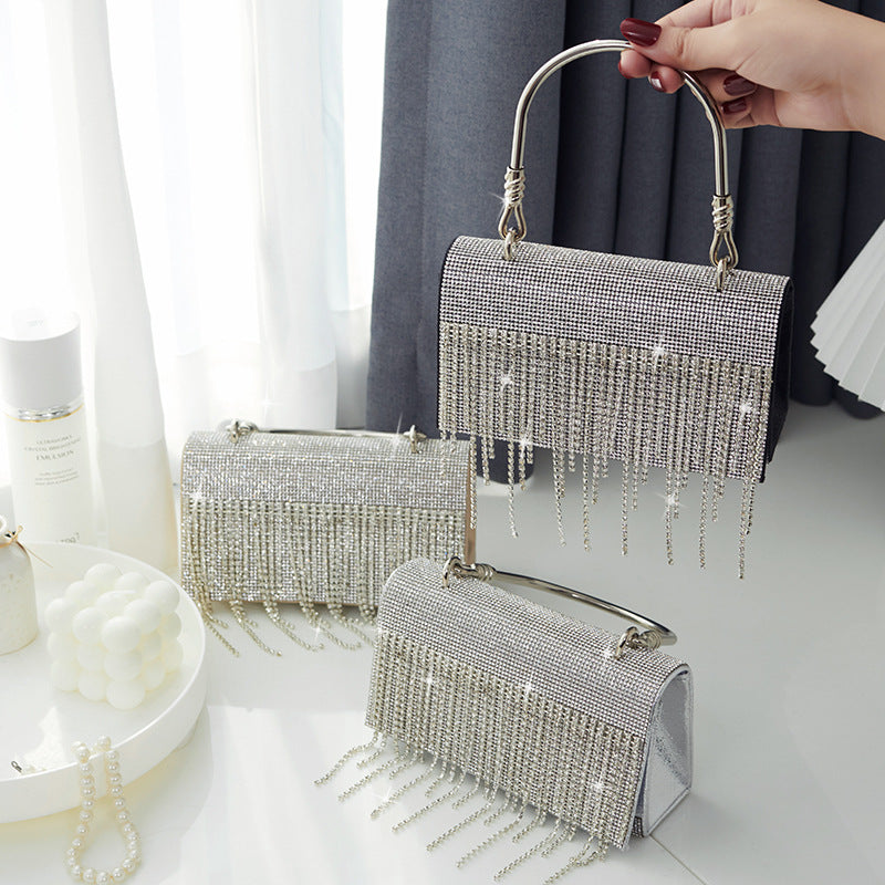 GlitteringTassel Rhinestone Small Square Bag Evening Dinner Bag Party Bag Metal Tote Bag Cosmetic Bag