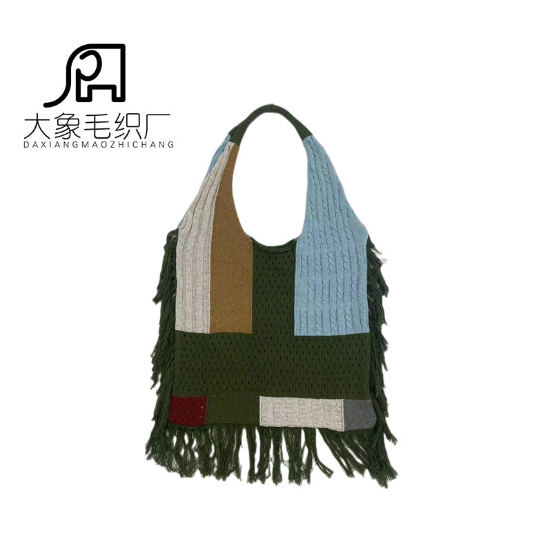 Tassel bag women, splicing knitted shoulder bag, simple and versatile retro knitted bag