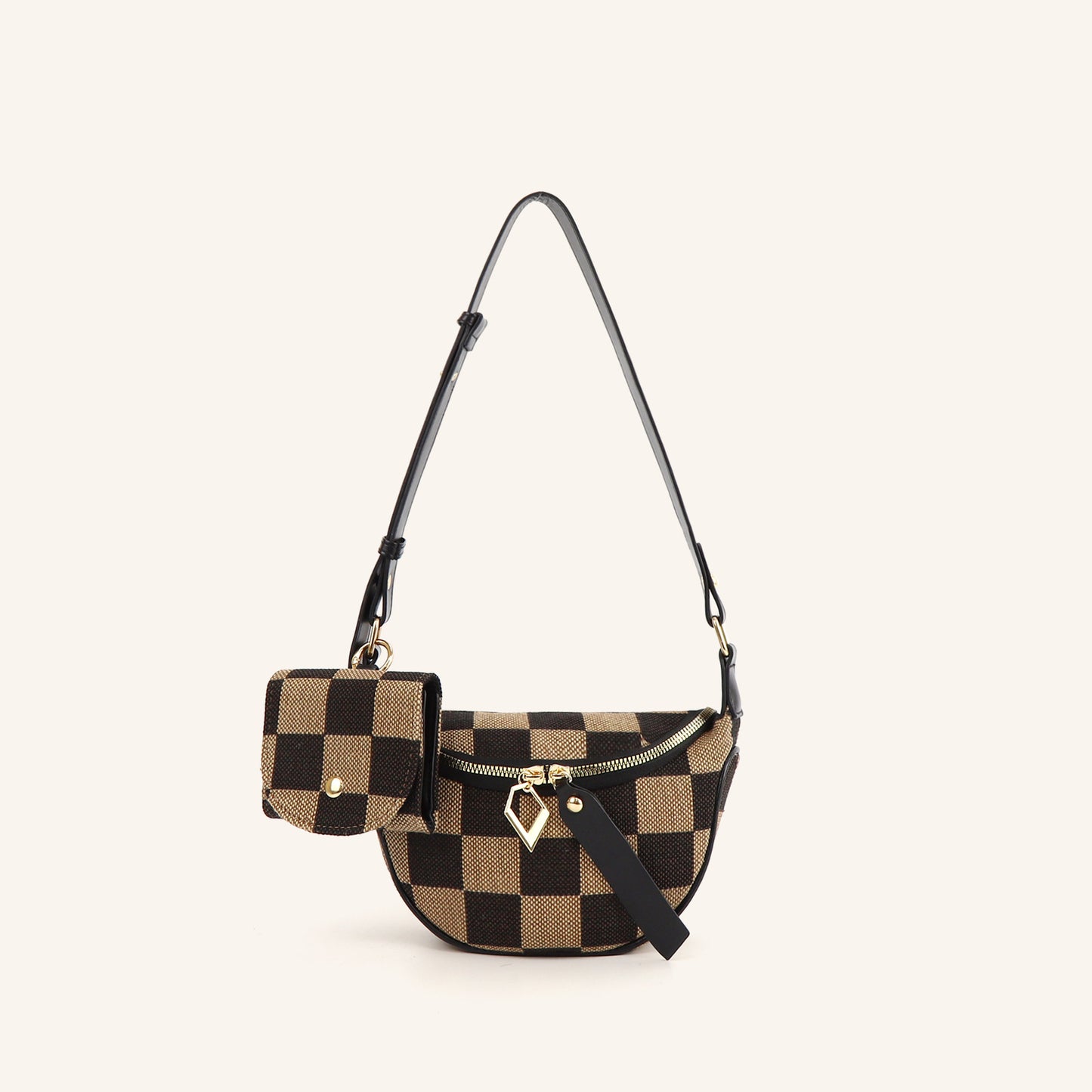 Small Crossbody Bag – Versatile Commute with Checkerboard Canvas, Compact Earphone Bag, Stylish 2-in-1 Chest Bag & Fanny Pack for Everyday Use