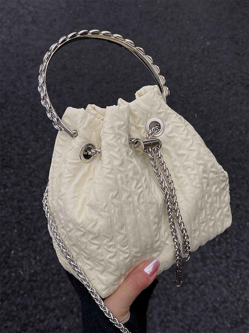 Rhinestone chain handbag women, fashion drawstring bucket bag, clutch purse party,Prom bag,Party purse,Prom bags clutches,