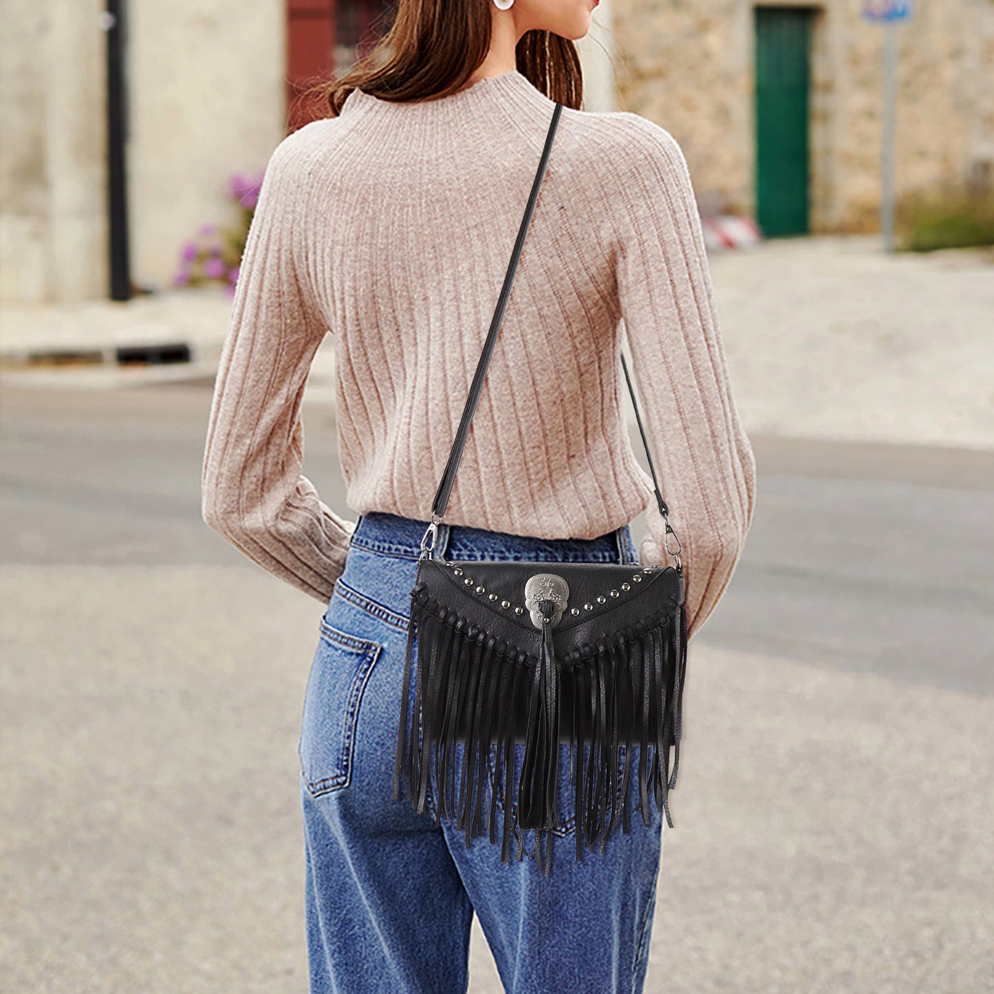 stylish envelope bag, skull fringed bag, women's rivet shoulder crossbody bag