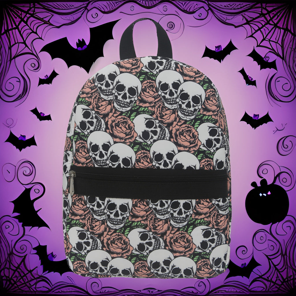 Skull rose pattern print backpack, waterproof nylon backpack purse lightweight